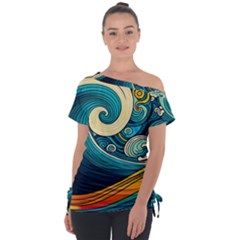 Waves Ocean Sea Abstract Whimsical Abstract Art 3 Off Shoulder Tie-up T-shirt