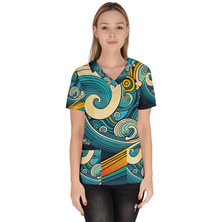 Waves Ocean Sea Abstract Whimsical Abstract Art 3 Women s V-Neck Scrub Top