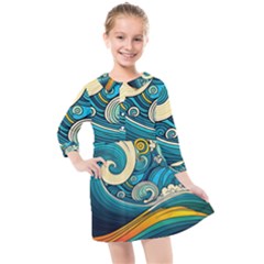 Waves Ocean Sea Abstract Whimsical Abstract Art 3 Kids  Quarter Sleeve Shirt Dress by Ndabl3x