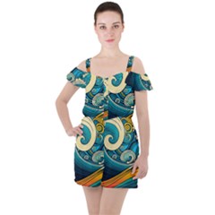 Waves Ocean Sea Abstract Whimsical Abstract Art 3 Ruffle Cut Out Chiffon Playsuit by Ndabl3x