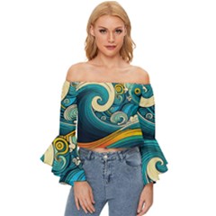 Waves Ocean Sea Abstract Whimsical Abstract Art 3 Off Shoulder Flutter Bell Sleeve Top by Ndabl3x