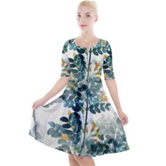 Vintage Retro Flowers Leaves Foliage Plants Quarter Sleeve A-line Dress With Pockets by Ndabl3x