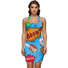 Comical Words Animals Comic Omics Crazy Graffiti Sleeveless Wide Square Neckline Ruched Bodycon Dress