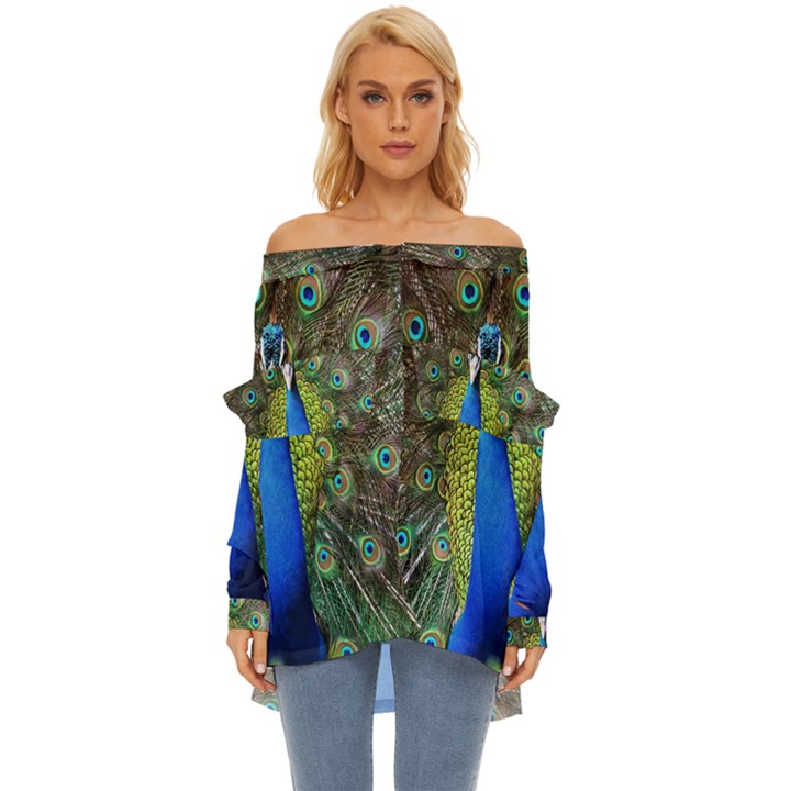 Peacock Bird Feathers Pheasant Nature Animal Texture Pattern Off Shoulder Chiffon Pocket Shirt