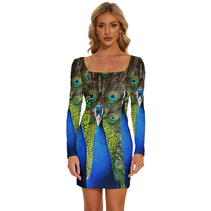 Peacock Bird Feathers Pheasant Nature Animal Texture Pattern Long Sleeve Square Neck Bodycon Velvet Dress