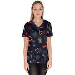 Memphis Seamless Patterns Abstract Jumble Textures Women s V-neck Scrub Top