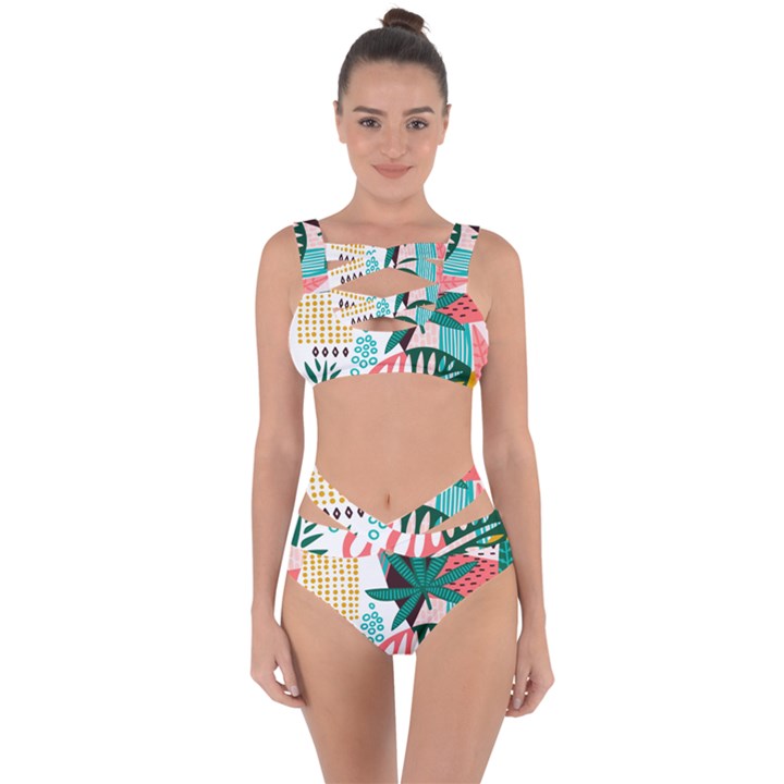 Abstract Seamless Pattern With Tropical Leaves Bandaged Up Bikini Set 