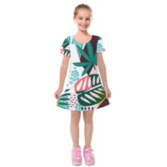 Abstract Seamless Pattern With Tropical Leaves Kids  Short Sleeve Velvet Dress