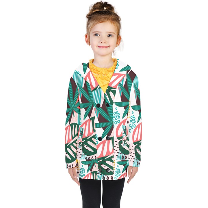 Abstract Seamless Pattern With Tropical Leaves Kids  Double Breasted Button Coat