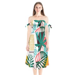 Abstract Seamless Pattern With Tropical Leaves Shoulder Tie Bardot Midi Dress