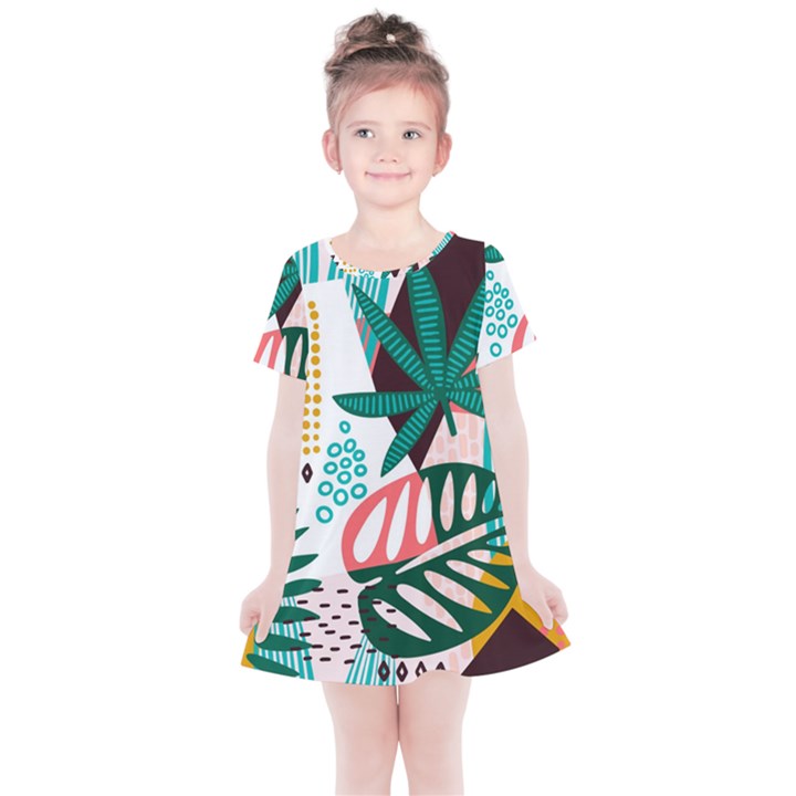 Abstract Seamless Pattern With Tropical Leaves Kids  Simple Cotton Dress