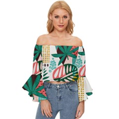 Abstract Seamless Pattern With Tropical Leaves Off Shoulder Flutter Bell Sleeve Top