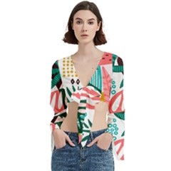 Abstract Seamless Pattern With Tropical Leaves Trumpet Sleeve Cropped Top