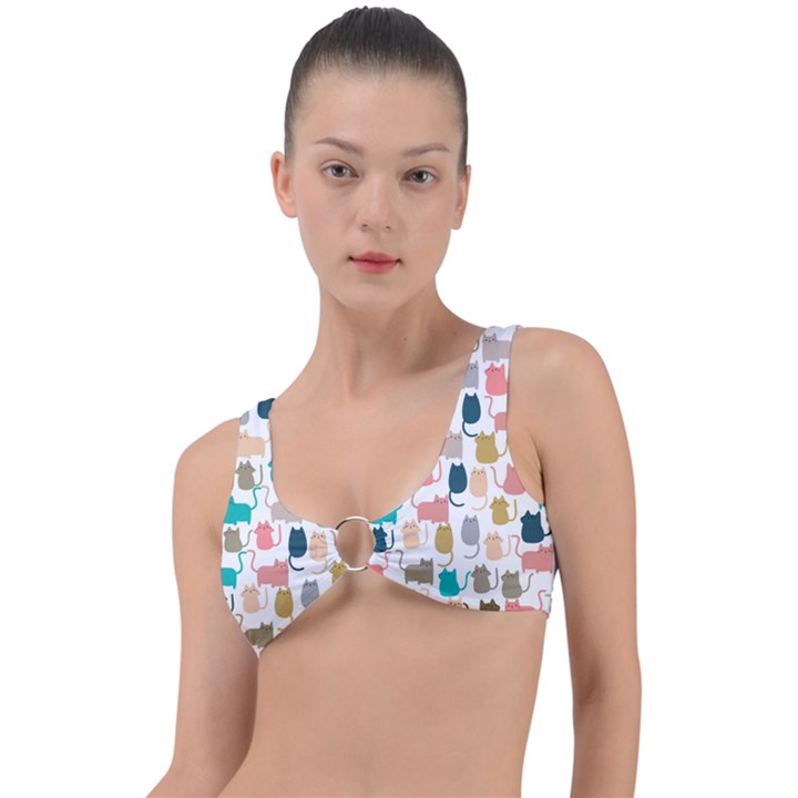 Cute Seamless Pattern Happy Kitty Kitten Cat Ring Detail Bikini Top