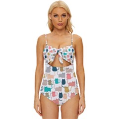 Cute Seamless Pattern Happy Kitty Kitten Cat Knot Front One-piece Swimsuit by Hannah976