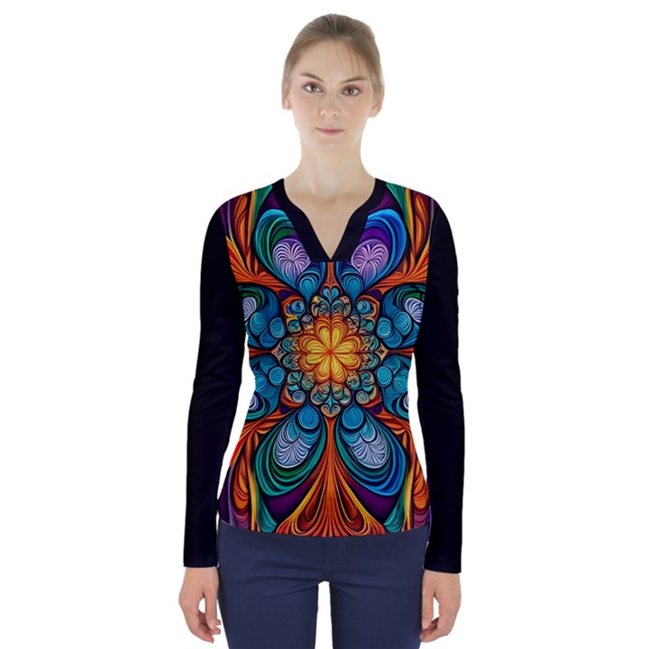 Schwarz bunt V-Neck Long Sleeve Top