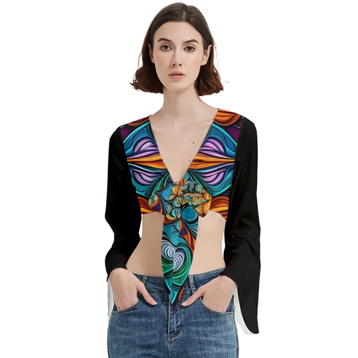 Schwarz bunt Trumpet Sleeve Cropped Top