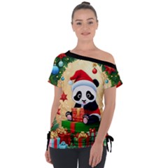 Schwarz Pandaweihnachten300dpi Off Shoulder Tie-up T-shirt