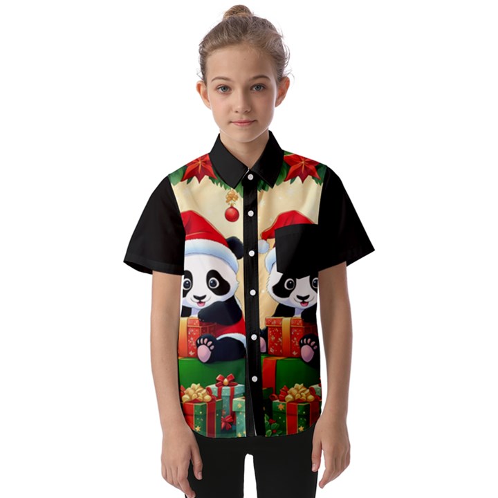 Schwarz Pandaweihnachten300dpi Kids  Short Sleeve Shirt