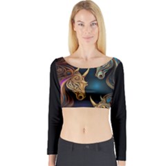 Schwarz Pferde Muster Long Sleeve Crop Top by 2607694c