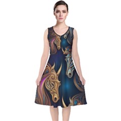 Schwarz Pferde Muster V-neck Midi Sleeveless Dress  by 2607694c