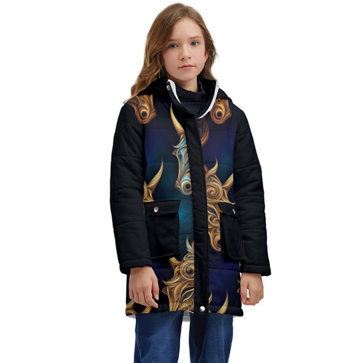 Schwarz pferde muster Kids  Hooded Longline Puffer Jacket