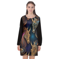 Schwarz Pferde Muster Long Sleeve Chiffon Shift Dress  by 2607694c