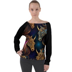 Schwarz Pferde Muster Off Shoulder Long Sleeve Velour Top by 2607694c