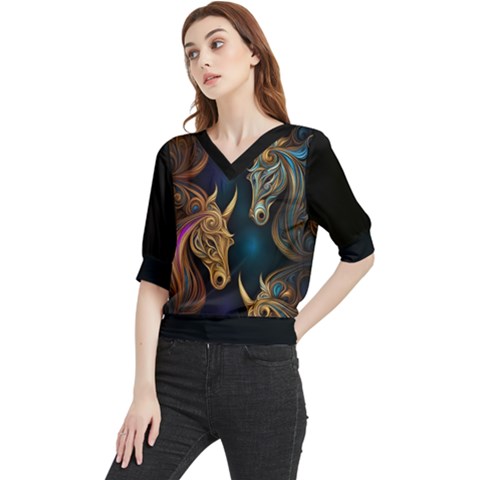 Schwarz Pferde Muster Quarter Sleeve Blouse by 2607694c