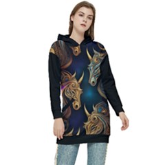 Schwarz Pferde Muster Women s Long Oversized Pullover Hoodie