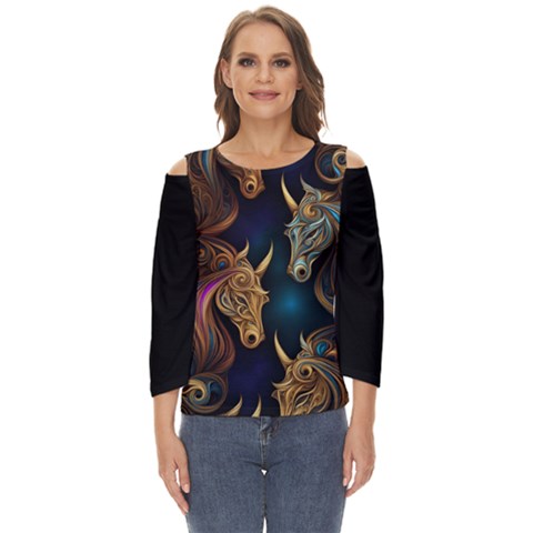 Schwarz Pferde Muster Cut Out Wide Sleeve Top by 2607694c