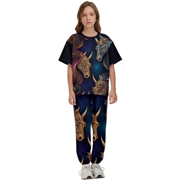 Schwarz pferde muster Kids  T-Shirt and Pants Sports Set