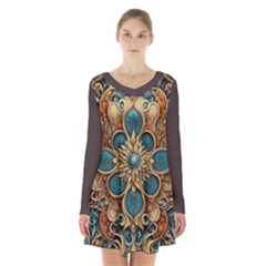 Dunkelbraun Pattern 1 Long Sleeve Velvet V-neck Dress