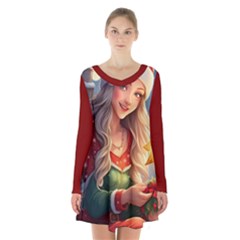 Christmas Greetings Long Sleeve Velvet V-neck Dress