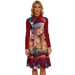 Christmas Greeting Long Sleeve Shirt Collar A-line Dress by 2607694c