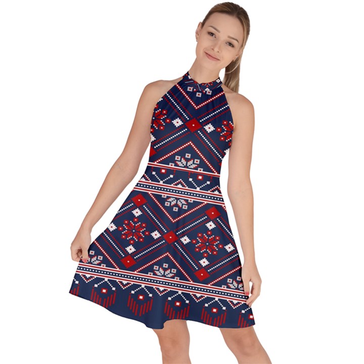 Ukrainian Folk Seamless Pattern Ornament Art Sleeveless Halter Neck A-Line Dress