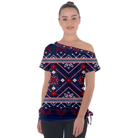 Ukrainian Folk Seamless Pattern Ornament Art Off Shoulder Tie-up T-shirt by Bedest