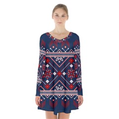 Ukrainian Folk Seamless Pattern Ornament Art Long Sleeve Velvet V-neck Dress