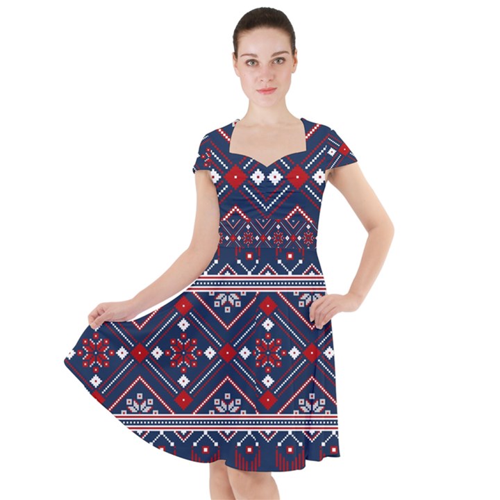 Ukrainian Folk Seamless Pattern Ornament Art Cap Sleeve Midi Dress