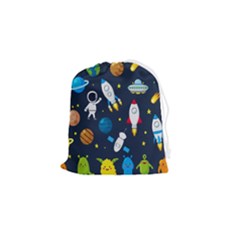 Big Set Cute Astronauts Space Planets Stars Aliens Rockets Ufo Constellations Satellite Moon Rover V Drawstring Pouch (small) by Bedest