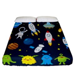 Big Set Cute Astronauts Space Planets Stars Aliens Rockets Ufo Constellations Satellite Moon Rover V Fitted Sheet (california King Size) by Bedest