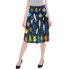 Big Set Cute Astronauts Space Planets Stars Aliens Rockets Ufo Constellations Satellite Moon Rover V Midi Beach Skirt by Bedest