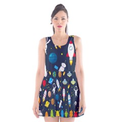 Big Set Cute Astronauts Space Planets Stars Aliens Rockets Ufo Constellations Satellite Moon Rover V Scoop Neck Skater Dress by Bedest