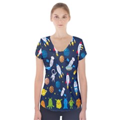 Big Set Cute Astronauts Space Planets Stars Aliens Rockets Ufo Constellations Satellite Moon Rover V Short Sleeve Front Detail Top by Bedest