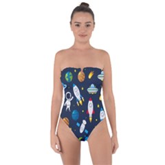 Big Set Cute Astronauts Space Planets Stars Aliens Rockets Ufo Constellations Satellite Moon Rover V Tie Back One Piece Swimsuit by Bedest