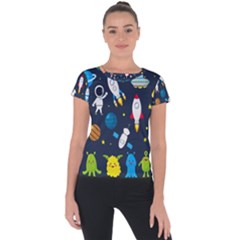 Big Set Cute Astronauts Space Planets Stars Aliens Rockets Ufo Constellations Satellite Moon Rover V Short Sleeve Sports Top  by Bedest