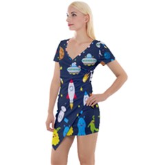 Big Set Cute Astronauts Space Planets Stars Aliens Rockets Ufo Constellations Satellite Moon Rover V Short Sleeve Asymmetric Mini Dress by Bedest