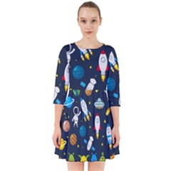 Big Set Cute Astronauts Space Planets Stars Aliens Rockets Ufo Constellations Satellite Moon Rover V Smock Dress by Bedest