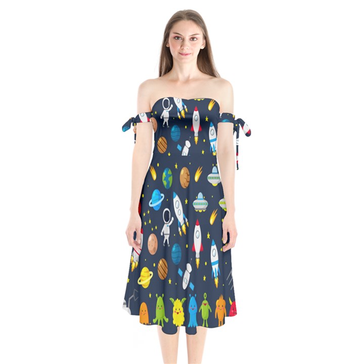 Big Set Cute Astronauts Space Planets Stars Aliens Rockets Ufo Constellations Satellite Moon Rover V Shoulder Tie Bardot Midi Dress