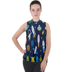 Big Set Cute Astronauts Space Planets Stars Aliens Rockets Ufo Constellations Satellite Moon Rover V Mock Neck Chiffon Sleeveless Top